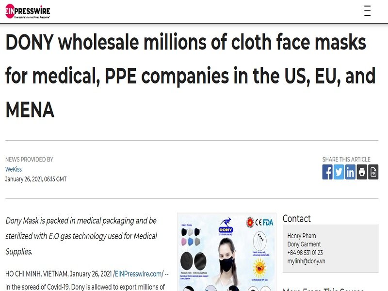 DONY wholesale millions of cloth face masks for medical, PPE companies in the US, EU, and MENA