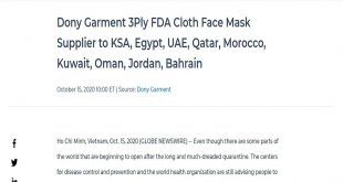 Dony Garment 3Ply FDA Cloth Face Mask Supplier to KSA, Egypt, UAE, Qatar, Morocco, Kuwait, Oman, Jordan, Bahrain