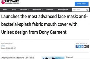 Launches the most advanced face mask: anti-bacterial-splash fabric mouth cover with Unisex design from Dony Garment
