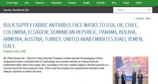 Bulk Supply Fabric Antivirus Face Masks To USA, UK, Chile, Colombia, Ecuador, Dominican Republic, Panama, Bolivia, Armenia, Austria, Turkey, United Arab Emirates (UAE), Yemen, Italy.